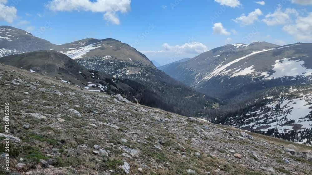View from the Alpine Ridge Trail on the Trail Ridge Road of the Fall River Valley in the Rocky Mountain National Park (Estes Park, Colorado, United States of America). View from the Alpine Ridge Trail on the Trail Ridge Road of the Fall River Valley in the Rocky Mountain National Park (Estes Park, Colorado, United States of America).