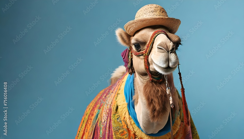 Hippie lama with hat on solid blue background, commercial, advertisement, surrealism. Creative animal humanization concept. Generative AI