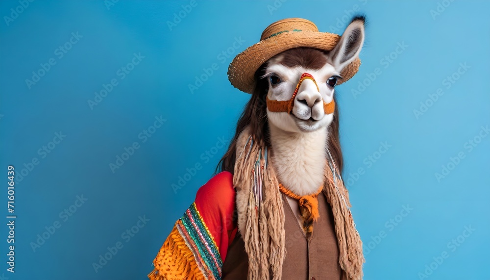 Hippie lama on solid blue background, commercial, advertisement, surrealism. Creative animal humanization concept. 