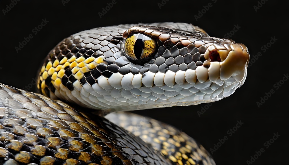Naklejka premium Snake close up with yellow skin on dark background