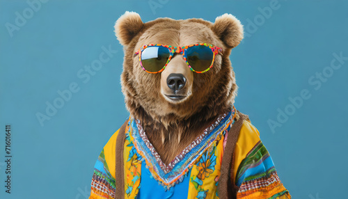 Hippie bear with sunglasses on solid blue background, commercial, advertisement, surrealism. Creative animal humanization concept. 
