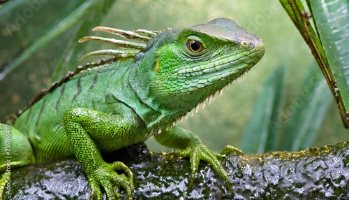 Green iguana in tropical jungle close up. 