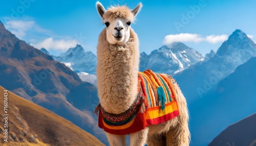 Alpaca in the mountains with hippie clothes, funny animal. photo