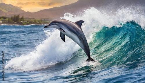 Dolphin jumping out of the water waves in the sea. Generative AI