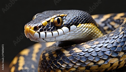 Snake close up with yellow skin on dark background. 