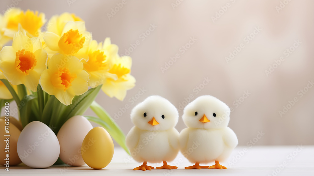 Cute chicks beside yellow daffodils and Easter eggs on a pastel background.