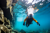 Scuba diver in underwater cave. Diving and snorkeling concept