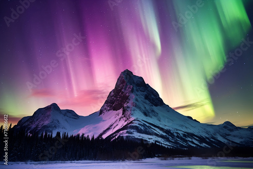 Aurora borealis over the snowy mountains in Banff National Park, Canada
