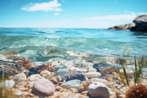 Beautiful sea view. Stones in clear blue sea water. Generated by artificial intelligence