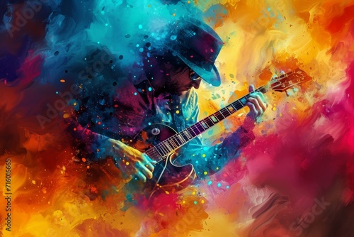 A vibrant melody comes to life through bold brushstrokes, as a man strums his guitar in a colorful abstract painting photo