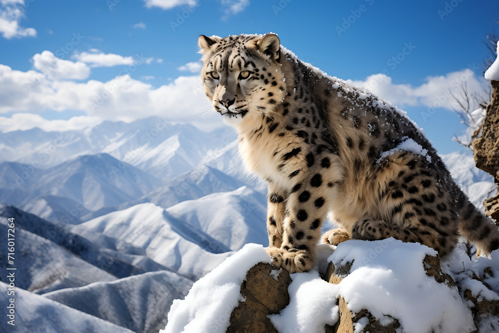 Snow leopard in the mountains. Beautiful winter landscape with snow leopard Snow leopard in the mountains. Beautiful winter landscape with snow leopard