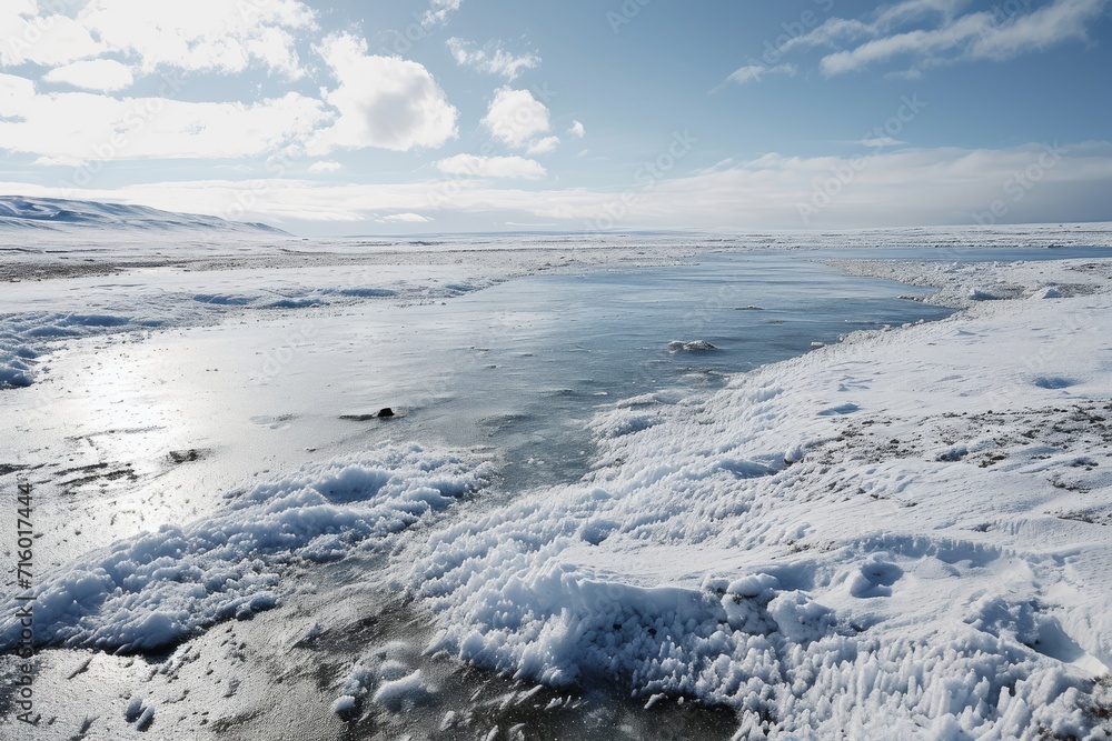 A tranquil winter wonderland, with icy waters reflecting the cloudy arctic sky, set against a snowy tundra landscape