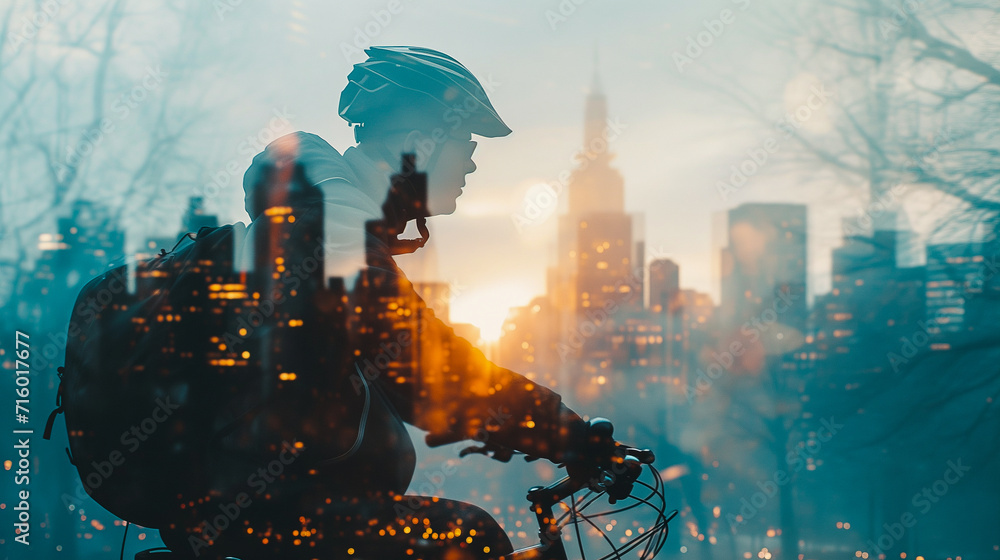 Double exposure of urban cyclist blended with city background - obrazy, fototapety, plakaty 