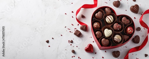 Heart shaped box with delicious chocolate candies