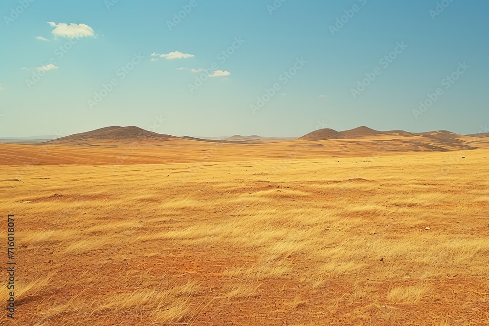 A serene and expansive landscape of rolling hills and endless sky, the golden grasses of the steppe stretch out in all directions, creating a breathtaking scene of untouched nature and wild beauty