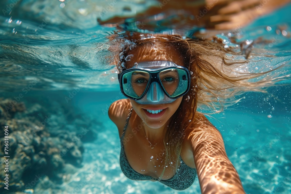 A determined swimmer braves the depths of a shimmering pool, her aqua goggles allowing her to gracefully glide through the water with ease