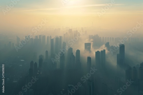 Amidst the towering skyscrapers of a bustling metropolis  the hazy fog and vibrant sun create a stunning cityscape  casting a dreamlike haze over the urban landscape
