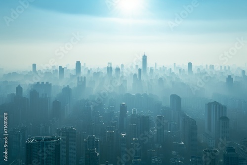 Amidst the hazy sky, towering skyscrapers create a majestic cityscape in this bustling metropolis, showcasing the grandeur and beauty of urban architecture photo
