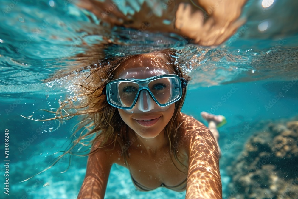 A determined woman dives into the pool, her face obscured by goggles as she embraces the tranquil world beneath the water's surface