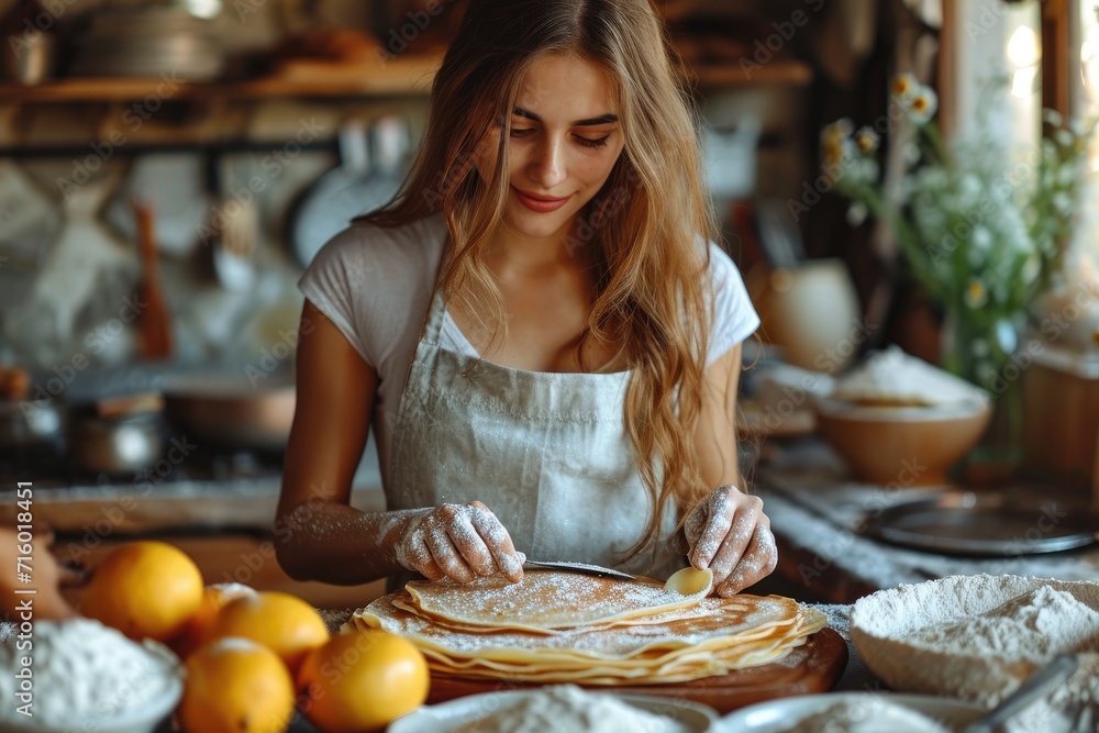 A young woman in a casual outfit prepares a delicious stack of pancakes topped with fresh fruit, her focused expression and skilled cutting adding a touch of homemade warmth to the cozy kitchen setti