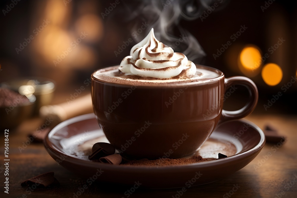 A steaming cup of gourmet hot chocolate, generative ai A steaming cup of gourmet hot chocolate, generative ai