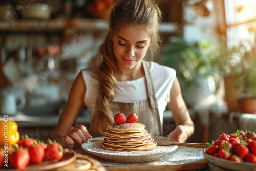 A girl in a floral apron lovingly prepares a stack of fluffy pancakes adorned with fresh strawberries, creating a mouth-watering dessert fit for a birthday celebration on a cozy indoor table