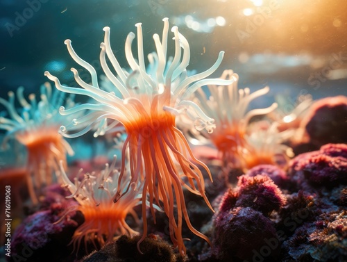 An orange and white sea anemone in an aquarium. Generative AI. © Natalia