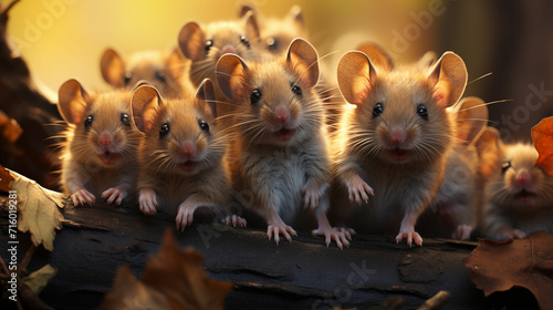 A group of surprised mice stand together on wood in the forest. Hyper-realistic detailed photo generated with AI.