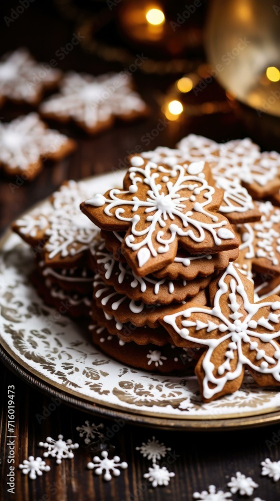 Gingerbread cookies on a plate with christmas decorations. Generative AI. Gingerbread cookies on a plate with christmas decorations. Generative AI.