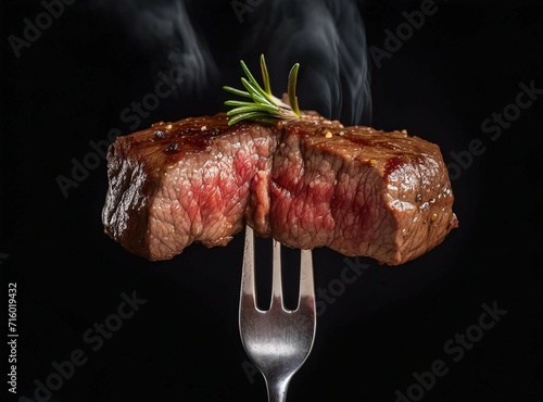 Beef steak on fork isolated on black background, closeup photography