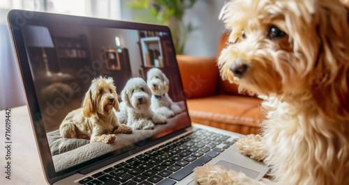 dog talking to dog friend in video conference. puppy  are watching in the live video chat screen on a laptop. Pets using a computer.	