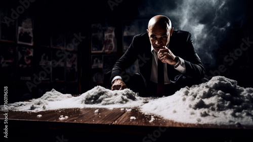 Mafia boss with huge pile of illicit drugs photo