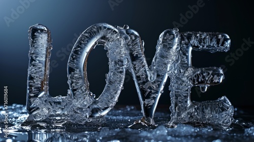 Ice Love concept creative horizontal art poster. Photorealistic textured word Love on artistic background. Horizontal Illustration. Ai Generated Romance and Passion Symbol.