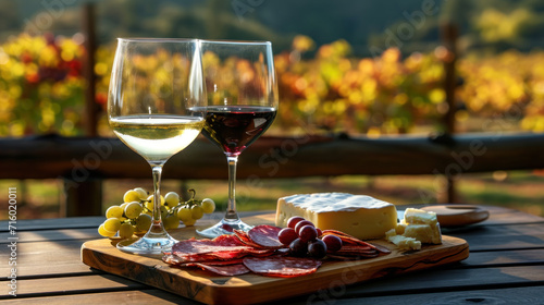 Glasses of wine, cheese and snacks, gourmet picnic in vineyard