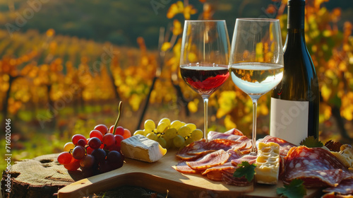 Glasses with red and white wine, autumn vineyard, winemaking, gourmet snacks