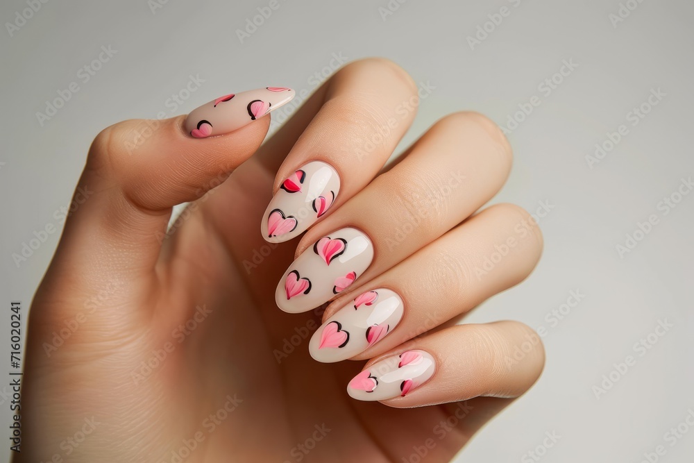 Manicure with heart motifs. Generative AI Manicure with heart motifs. Generative AI