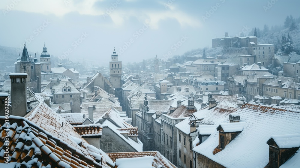 Snow on the European city roofs. Generative AI