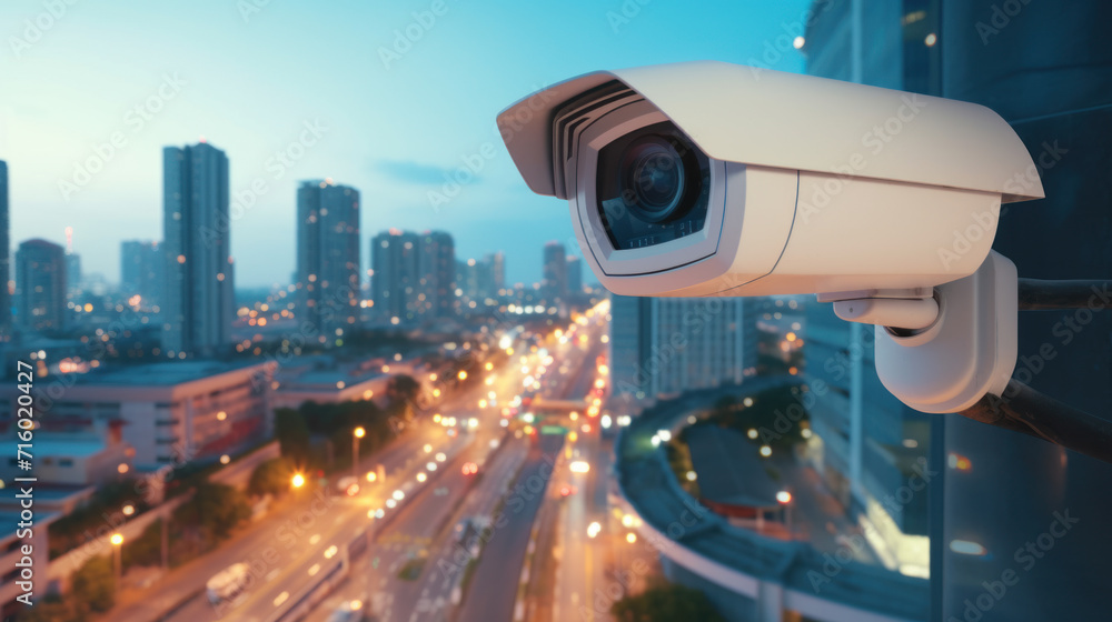 CCTV camera on the street, evening light, security, control concept CCTV camera on the street, evening light, security, control concept