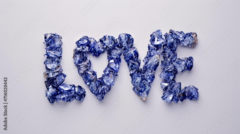 Iolite Crystal Love concept creative horizontal art poster. Photorealistic textured word Love on artistic background. Horizontal Illustration. Ai Generated Romance and Passion Symbol.