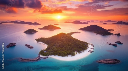 Aerial view of beautiful tropical island at sunset or sunrise