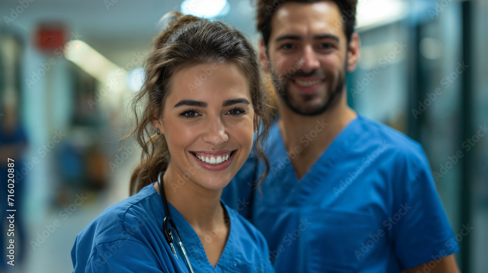 AI generated illustration of cheerful healthcare professionals in blue scrubs