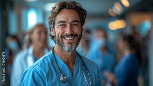 AI generated illustration of a doctor smiling wearing blue medical uniform in a hospital photo