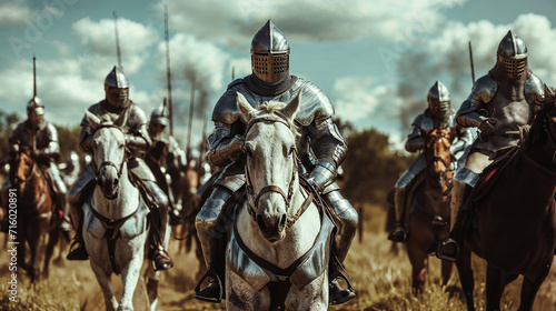 AI generated illustration of medieval knights wearing plate armors advance with their horses