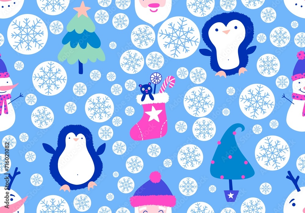 Christmas cartoon doodle seamless Santa and penguin and snowman pattern for wrapping paper and fabrics Christmas cartoon doodle seamless Santa and penguin and snowman pattern for wrapping paper and fabrics
