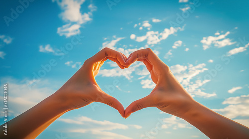 Fototapeta Naklejka Na Ścianę i Meble -  Human hands making heart shape on sky background.