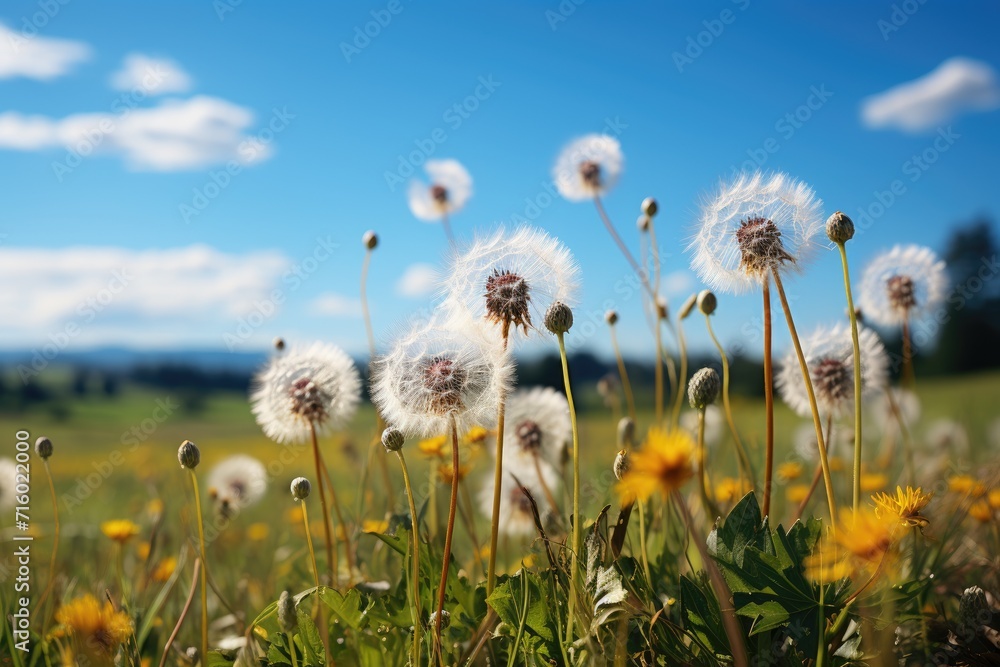 Beautiful meadow field with fresh grass and yellow and white dandelion flowers in nature against a blurry blue sky with clouds. Spring natural landscape