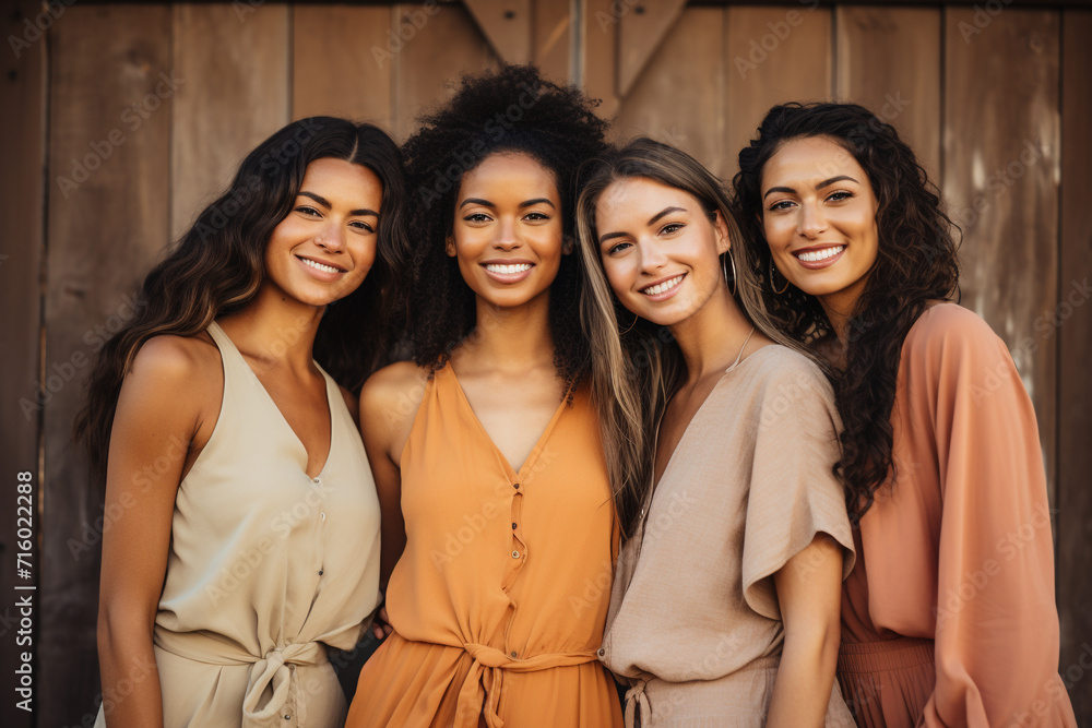 Obraz premium friendship of different nations, together diverse cultures, traditions, values, shared humanity, cooperation, respect , multiethnic friends young beautiful, team group smiling friends.