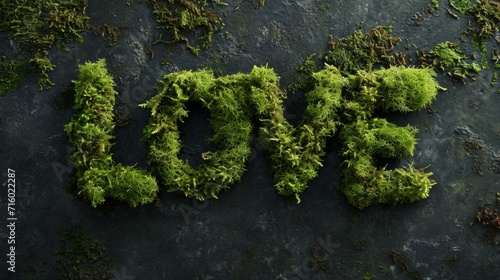 Moss Love concept creative horizontal art poster. Photorealistic textured word Love on artistic background. Horizontal Illustration. Ai Generated Romance and Passion Symbol.