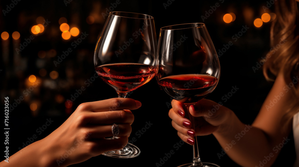 Two women's hands raising wine glasses in celebration at night