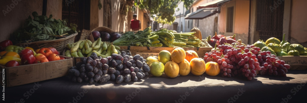 various vegetable containers on the edge of a market stall near sunset. Banner